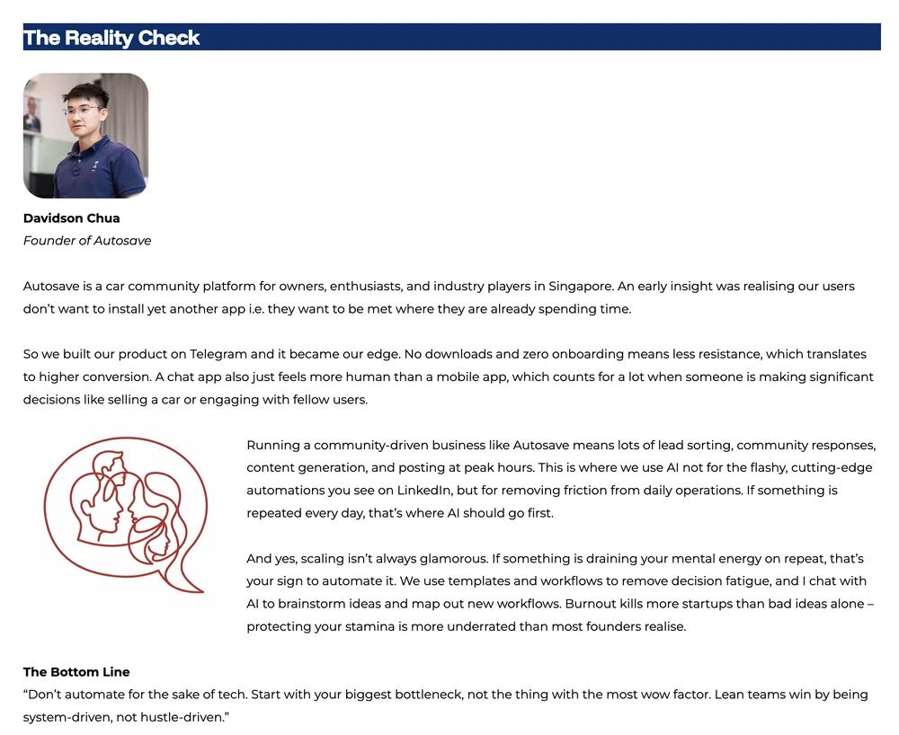 BLOCK71 Global feature 'The Reality Check' quoting Davidson Chua, Founder of Autosave, on building on Telegram and using AI for operations