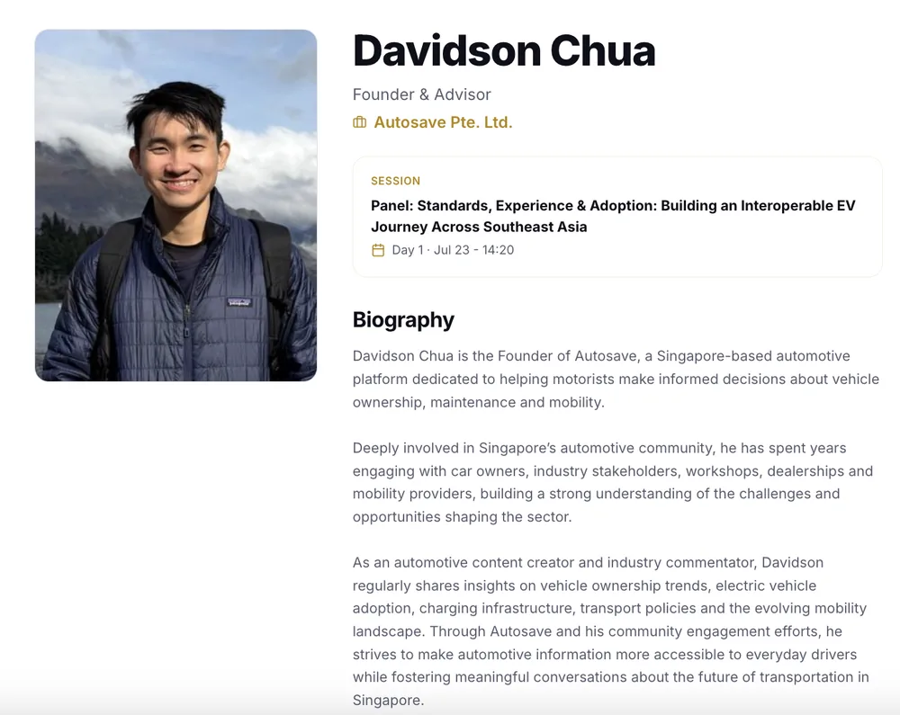 ChargedUp 2026 speaker profile for Davidson Chua, Founder and Advisor, Autosave Pte. Ltd.