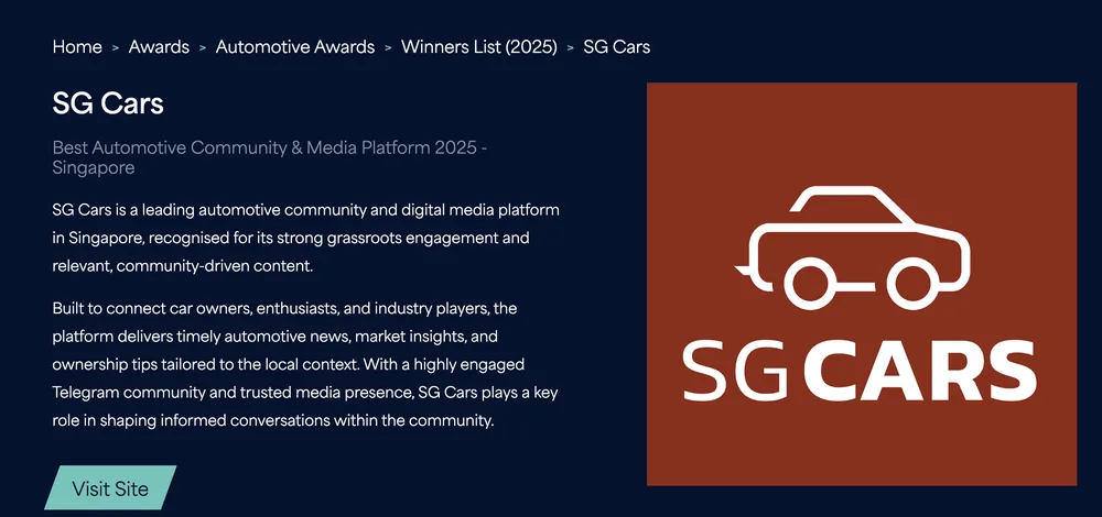 Corporate Vision Automotive Awards 2025 winners page for SG Cars, Best Automotive Community and Media Platform 2025 Singapore
