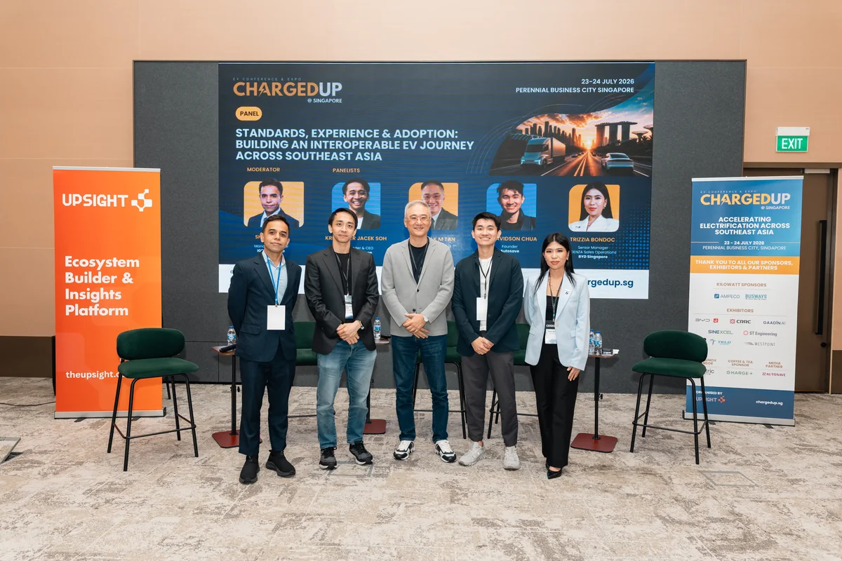 Panellists of the ChargedUp @ Singapore 2026 EV interoperability panel; Davidson Chua (Founder, Autosave) second from right